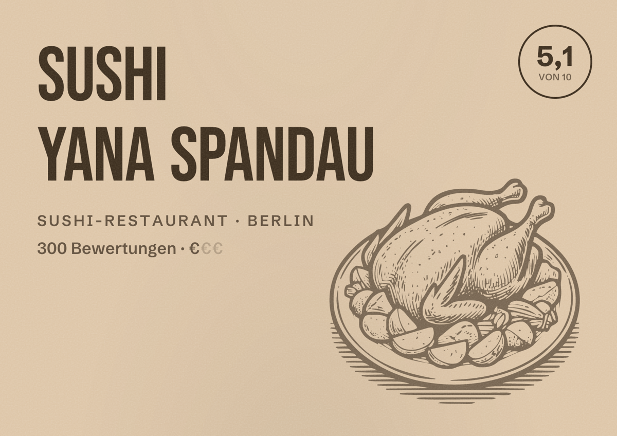 Illustriertes Poster von Sushi Yana Spandau, Sushi-Restaurant in Berlin: Bewertung 5,1 von 10 aus 300 Bewertungen, Preisniveau €