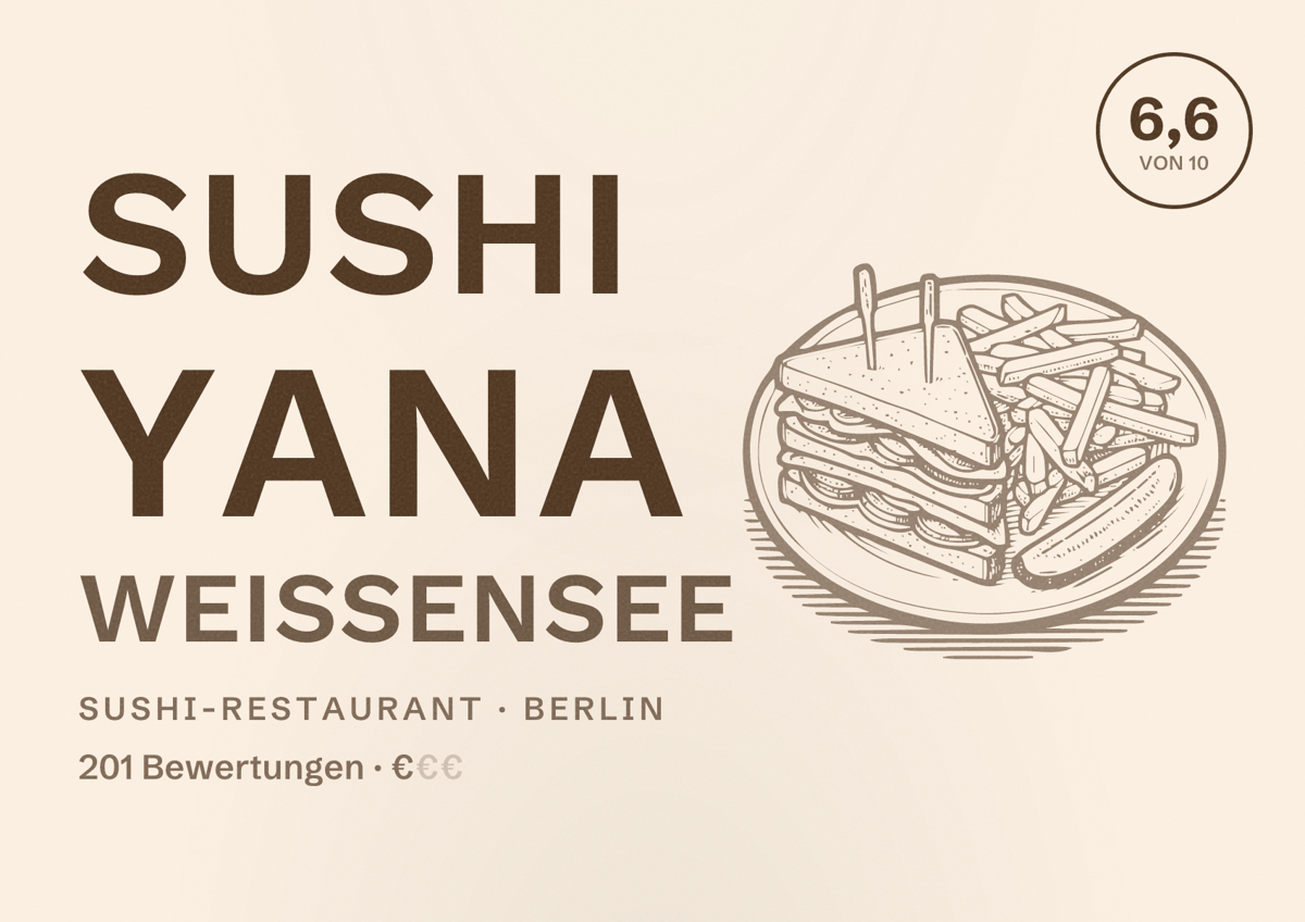 Illustriertes Poster von Sushi Yana Weißensee, Sushi-Restaurant in Berlin: Bewertung 6,6 von 10 aus 201 Bewertungen, Preisniveau €