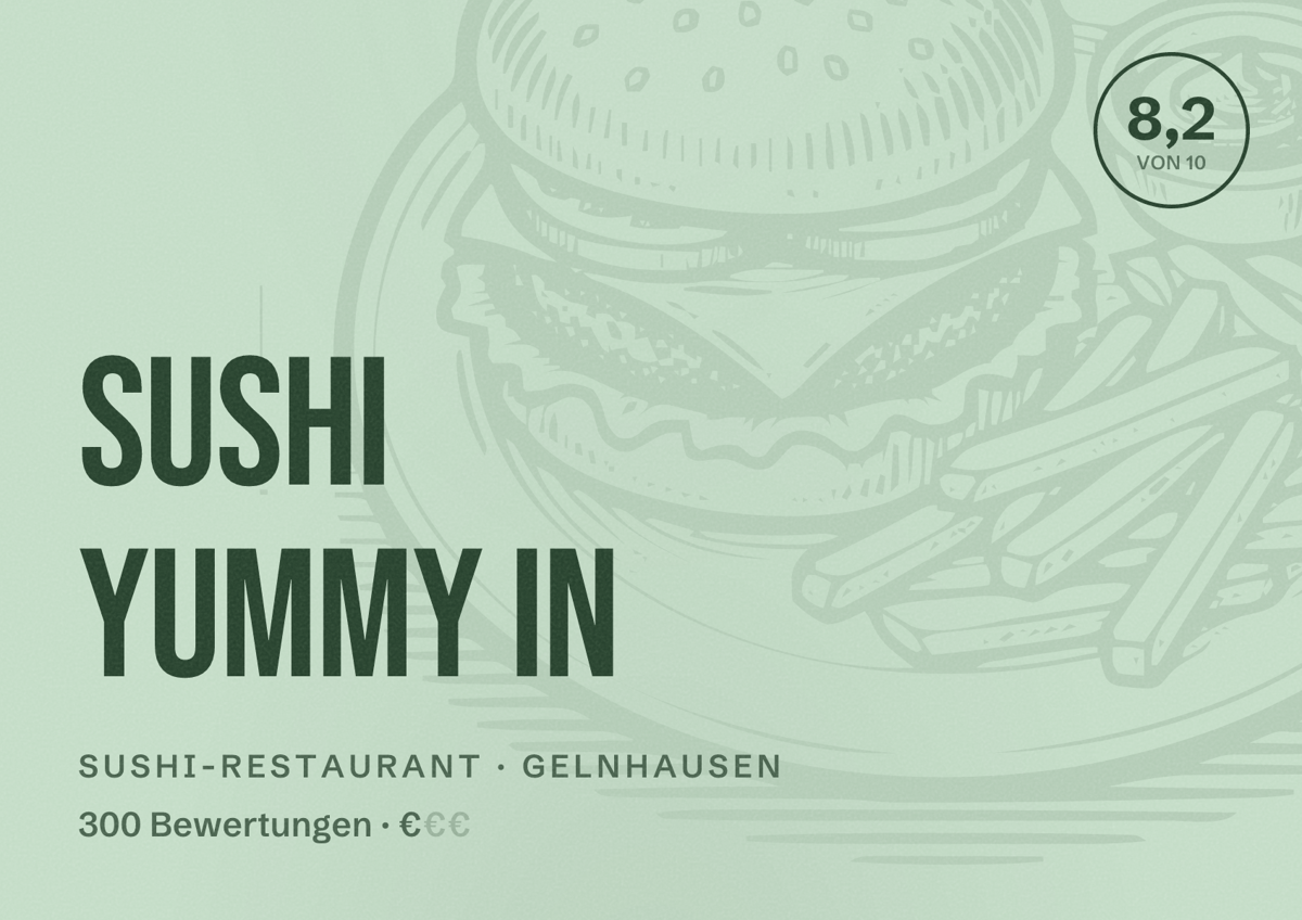 Illustriertes Poster von Sushi Yummy in, Sushi-Restaurant in Gelnhausen: Bewertung 8,2 von 10 aus 300 Bewertungen, Preisniveau €