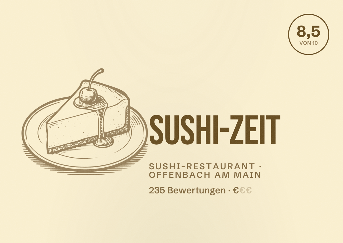 Illustriertes Poster von Sushi-Zeit, Sushi-Restaurant in Offenbach am Main: Bewertung 8,5 von 10 aus 235 Bewertungen, Preisniveau €