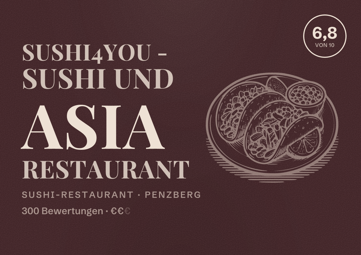 Illustriertes Poster von Sushi4you - Sushi und Asia Restaurant, Sushi-Restaurant in Penzberg: Bewertung 6,8 von 10 aus 300 Bewertungen, Preisniveau €€