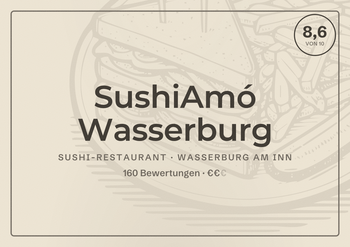 Illustriertes Poster von SushiAmó Wasserburg, Sushi-Restaurant in Wasserburg am Inn: Bewertung 8,6 von 10 aus 160 Bewertungen, Preisniveau €€