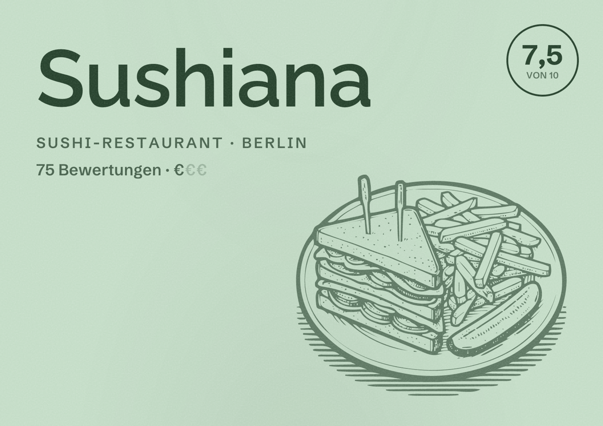 Illustriertes Poster von Sushiana, Sushi-Restaurant in Berlin: Bewertung 7,5 von 10 aus 75 Bewertungen, Preisniveau €