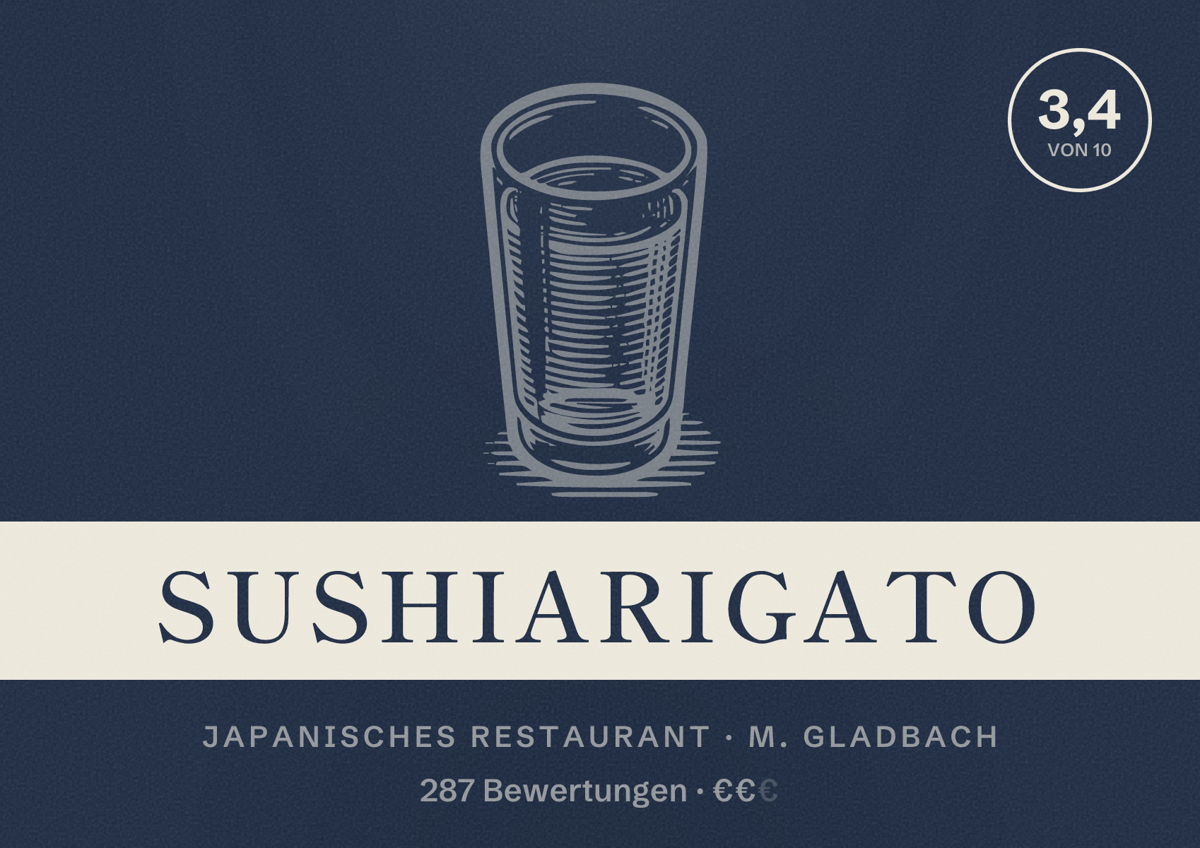 Illustriertes Poster von Sushiarigato, Japanisches Restaurant in M. Gladbach: Bewertung 3,4 von 10 aus 287 Bewertungen, Preisniveau €€