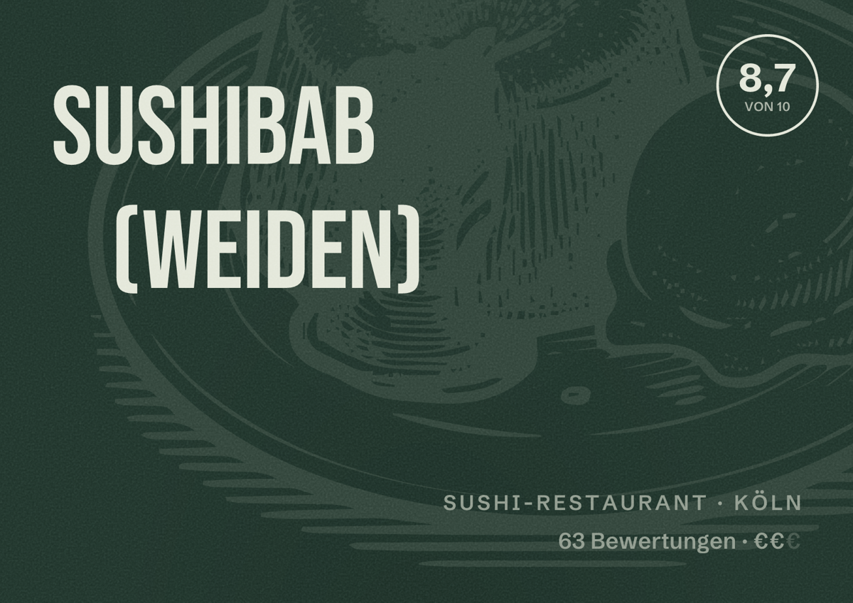 Illustriertes Poster von SushiBab (Weiden), Sushi-Restaurant in Köln: Bewertung 8,7 von 10 aus 63 Bewertungen, Preisniveau €€