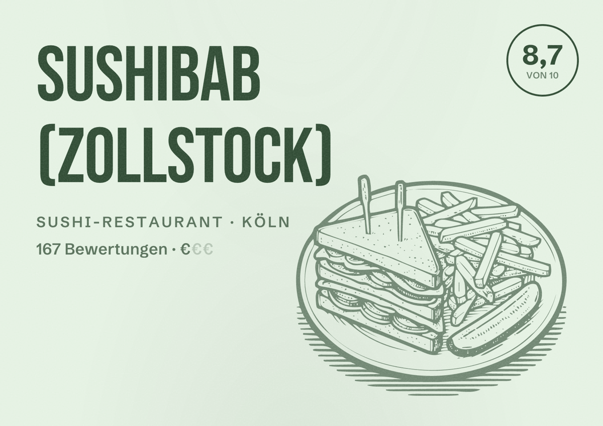 Illustriertes Poster von SushiBab (Zollstock), Sushi-Restaurant in Köln: Bewertung 8,7 von 10 aus 167 Bewertungen, Preisniveau €