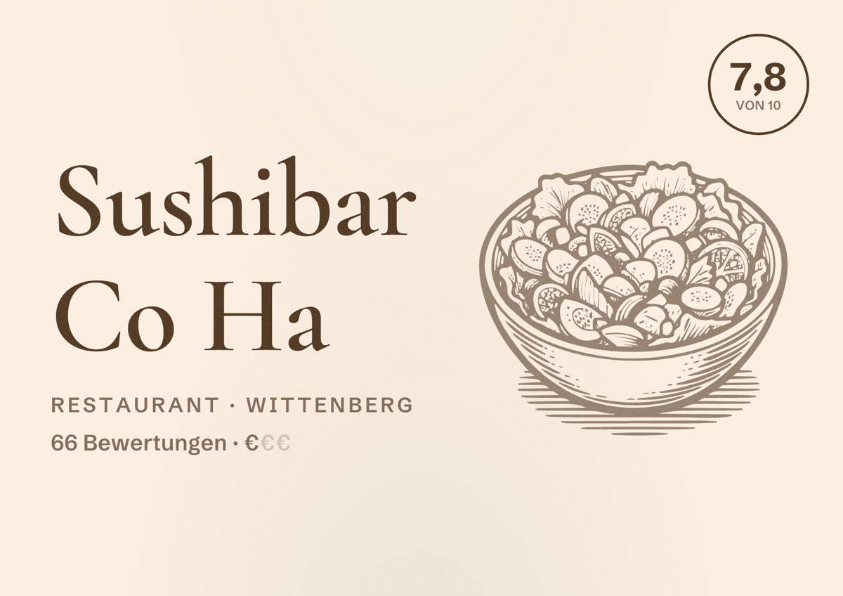 Illustriertes Poster von Sushibar Co Ha, Restaurant in Wittenberg: Bewertung 7,8 von 10 aus 66 Bewertungen, Preisniveau €