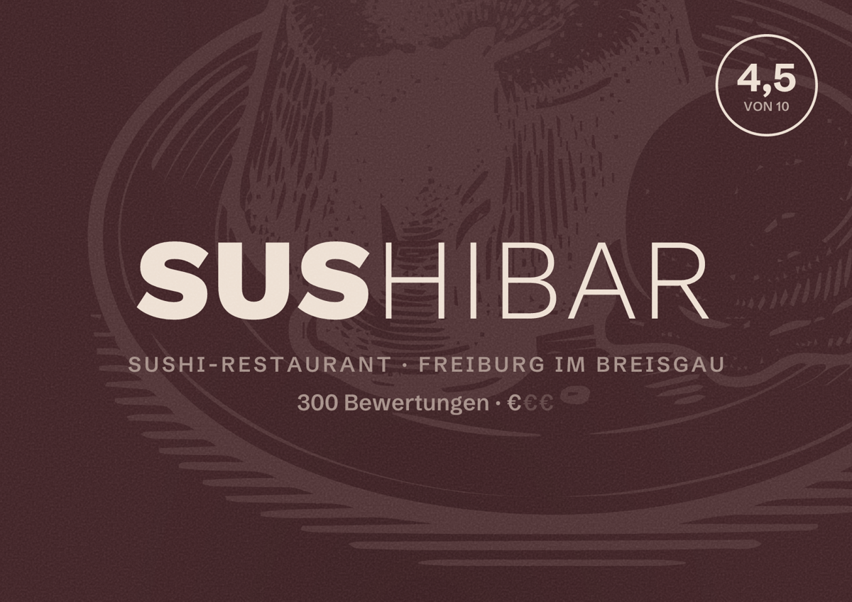 Illustriertes Poster von Sushibar, Sushi-Restaurant in Freiburg im Breisgau: Bewertung 4,5 von 10 aus 300 Bewertungen, Preisniveau €