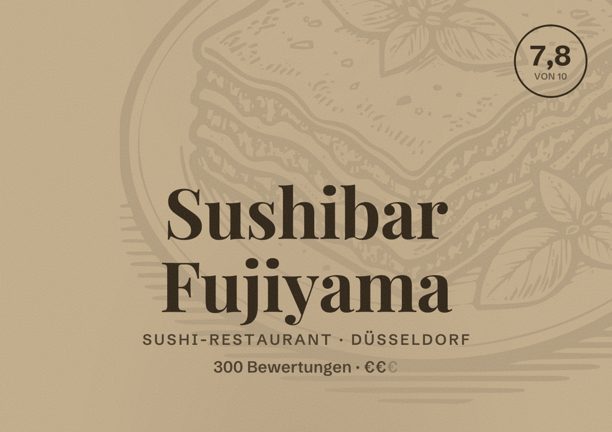 Illustriertes Poster von Sushibar Fujiyama, Sushi-Restaurant in Düsseldorf: Bewertung 7,8 von 10 aus 300 Bewertungen, Preisniveau €€
