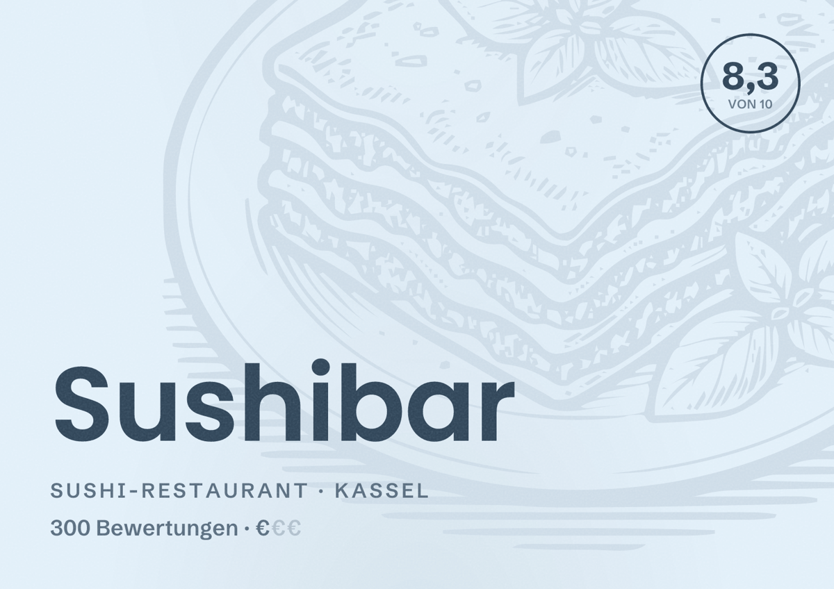 Illustriertes Poster von Sushibar, Sushi-Restaurant in Kassel: Bewertung 8,3 von 10 aus 300 Bewertungen, Preisniveau €