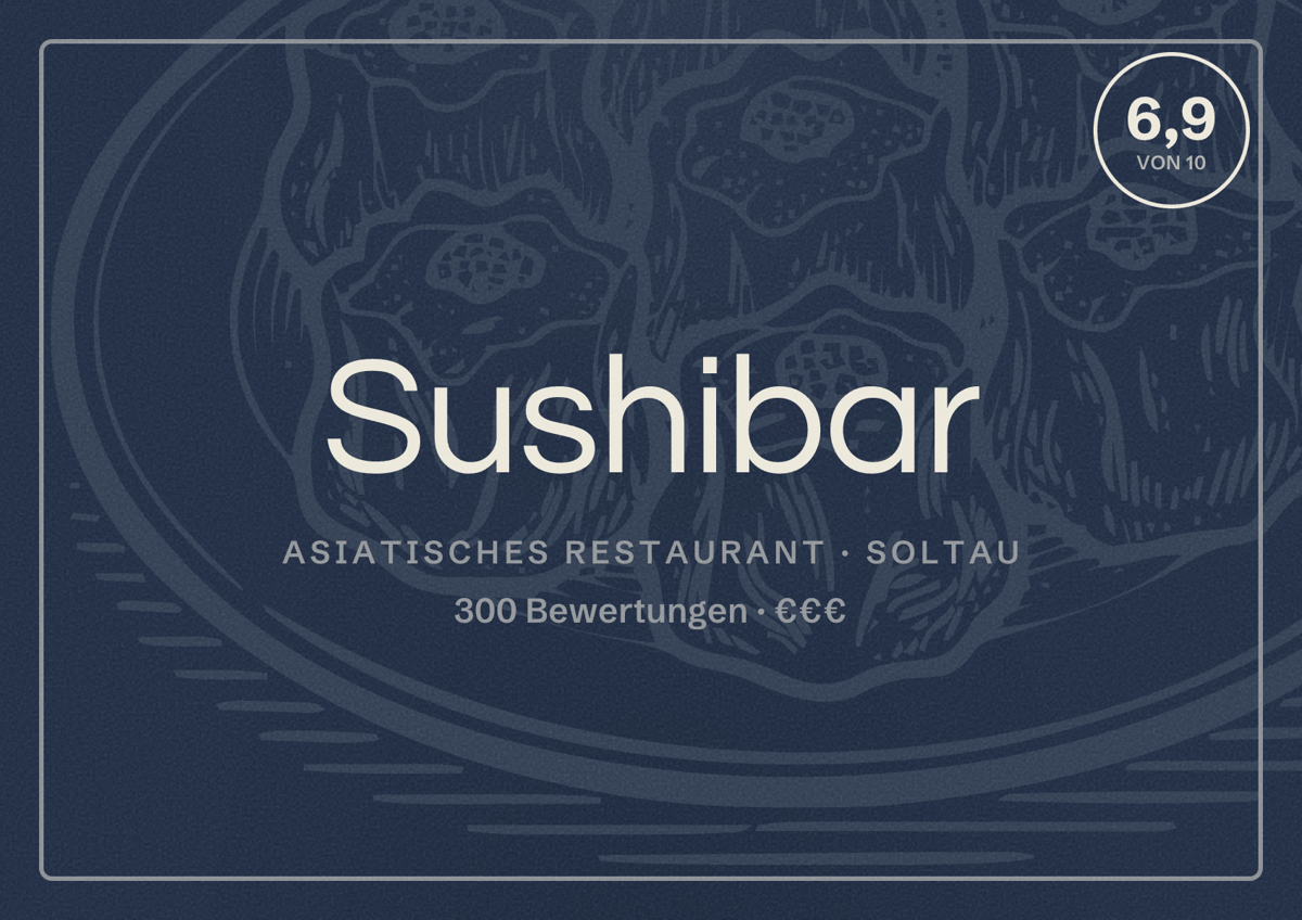 Illustriertes Poster von Sushibar, Asiatisches Restaurant in Soltau: Bewertung 6,9 von 10 aus 300 Bewertungen, Preisniveau €€€