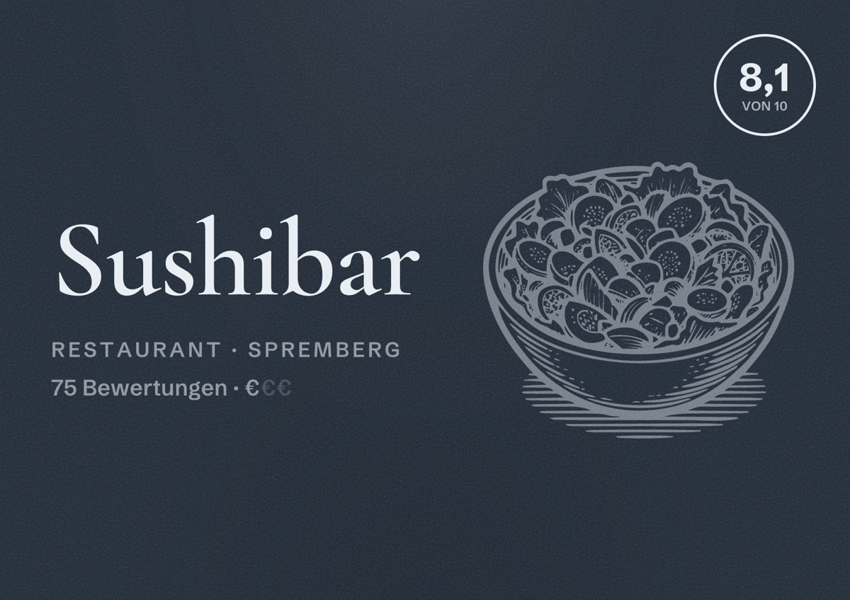 Illustriertes Poster von Sushibar, Restaurant in Spremberg: Bewertung 8,1 von 10 aus 75 Bewertungen, Preisniveau €