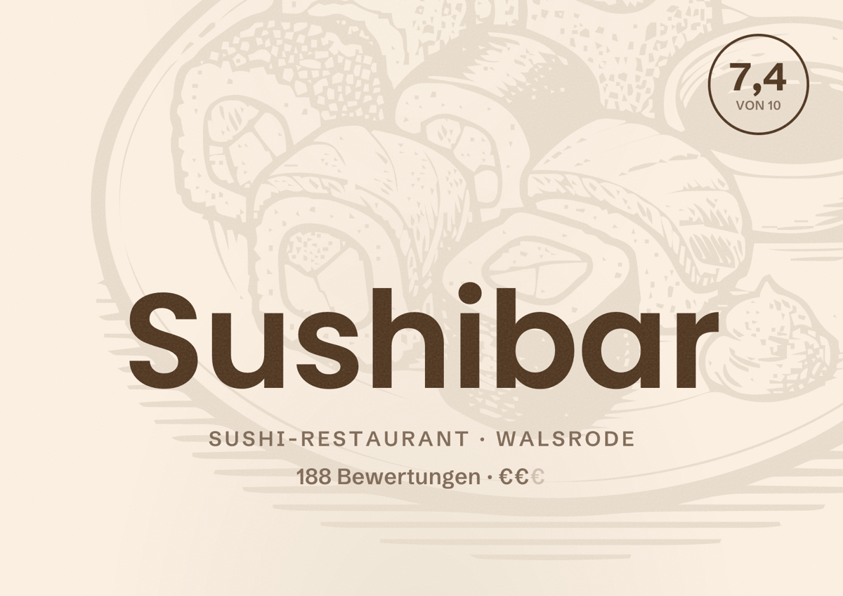 Illustriertes Poster von Sushibar, Sushi-Restaurant in Walsrode: Bewertung 7,4 von 10 aus 188 Bewertungen, Preisniveau €€
