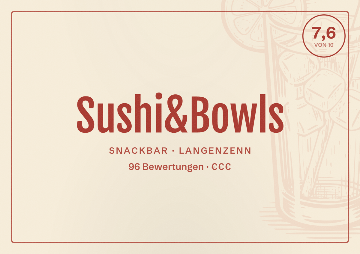 Illustriertes Poster von Sushi&Bowls, Snackbar in Langenzenn: Bewertung 7,6 von 10 aus 96 Bewertungen, Preisniveau €€€