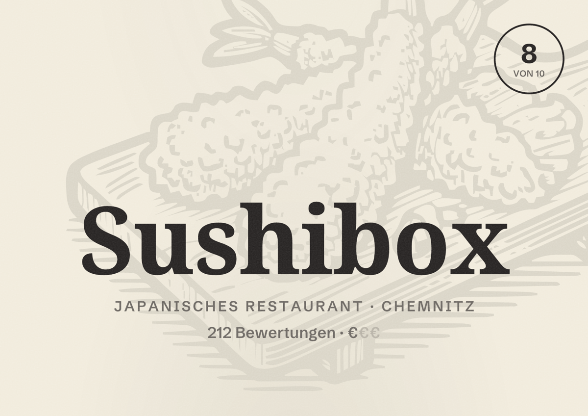 Illustriertes Poster von Sushibox, Japanisches Restaurant in Chemnitz: Bewertung 8 von 10 aus 212 Bewertungen, Preisniveau €