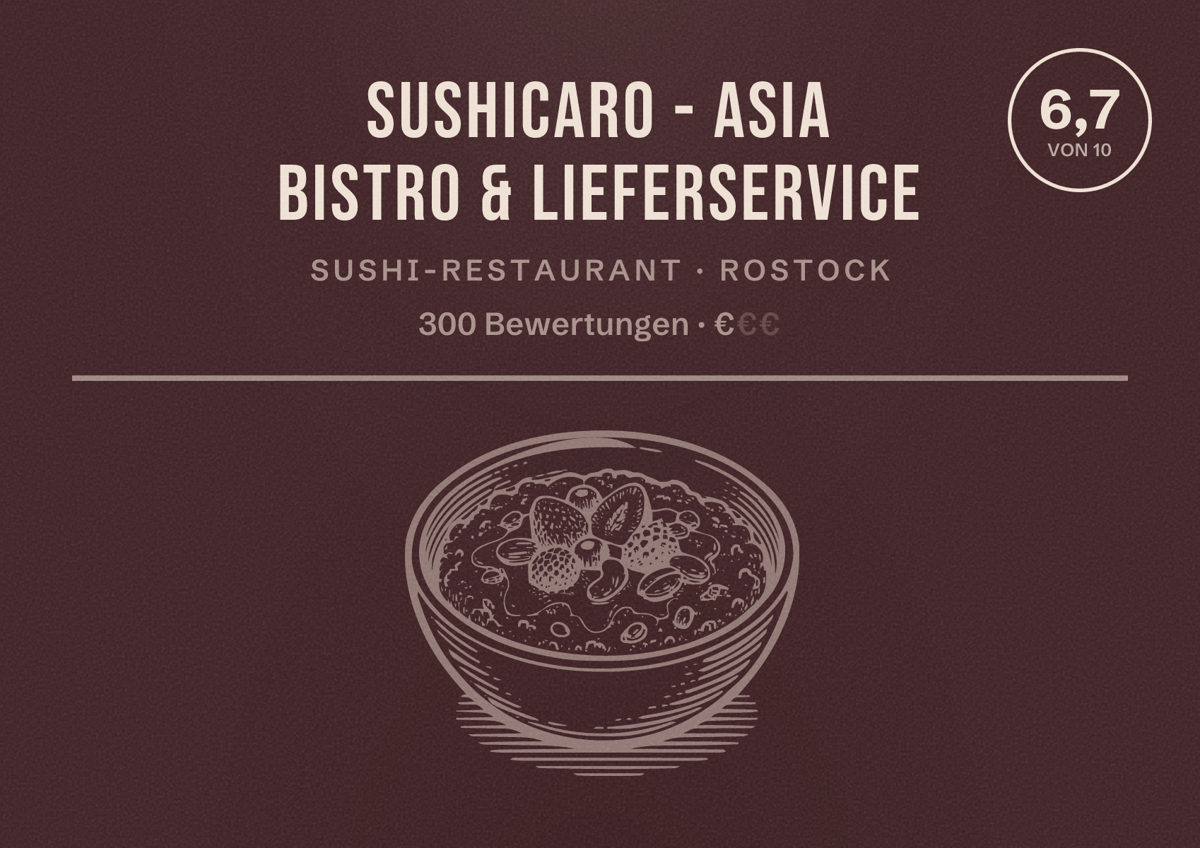 Illustriertes Poster von Sushicaro - Asia Bistro & Lieferservice, Sushi-Restaurant in Rostock: Bewertung 6,7 von 10 aus 300 Bewertungen, Preisniveau €