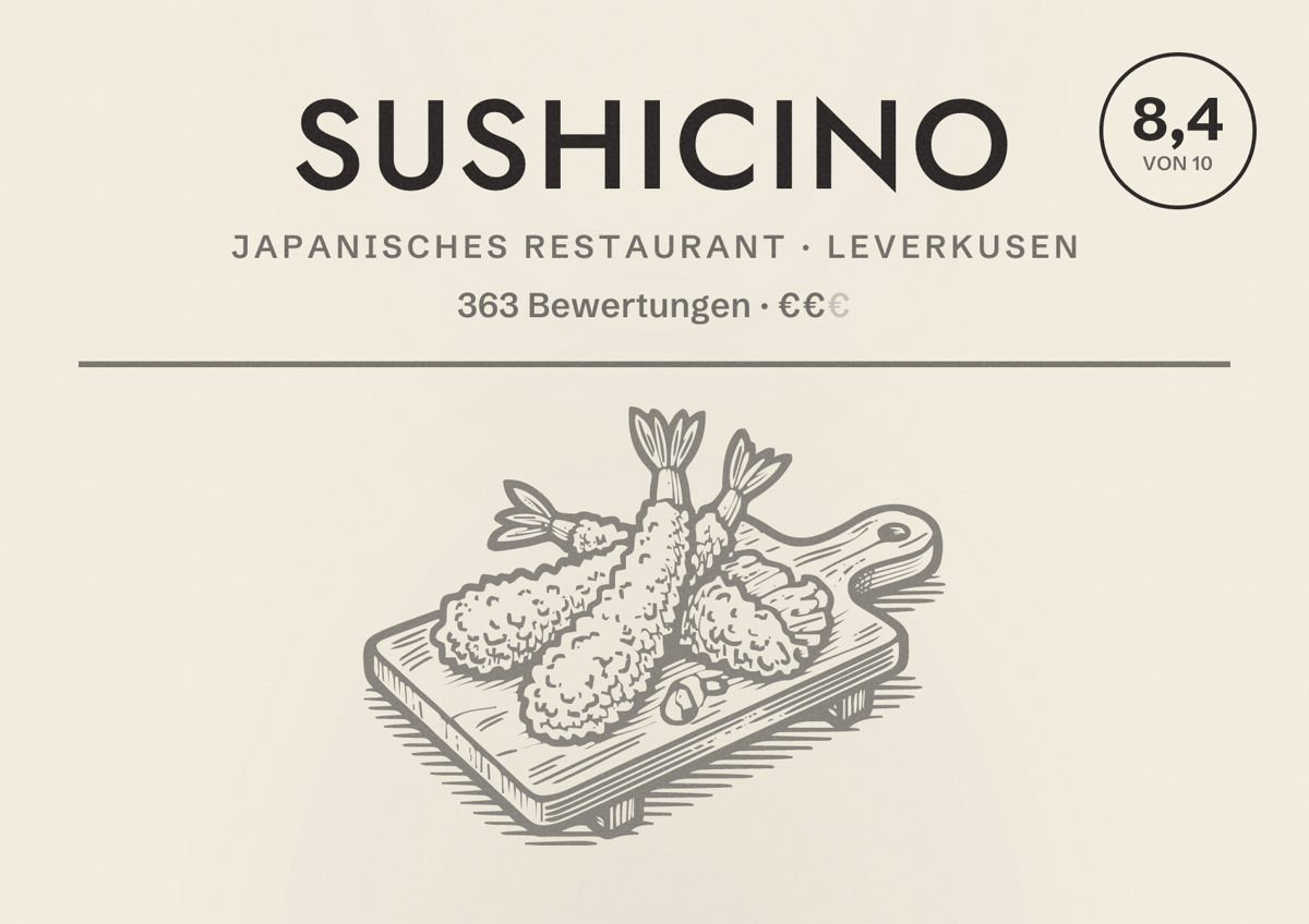 Illustriertes Poster von Sushicino, Japanisches Restaurant in Leverkusen: Bewertung 8,4 von 10 aus 363 Bewertungen, Preisniveau €€