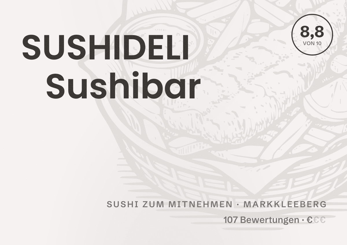 Illustriertes Poster von SUSHIDELI Sushibar, Sushi zum Mitnehmen in Markkleeberg: Bewertung 8,8 von 10 aus 107 Bewertungen, Preisniveau €