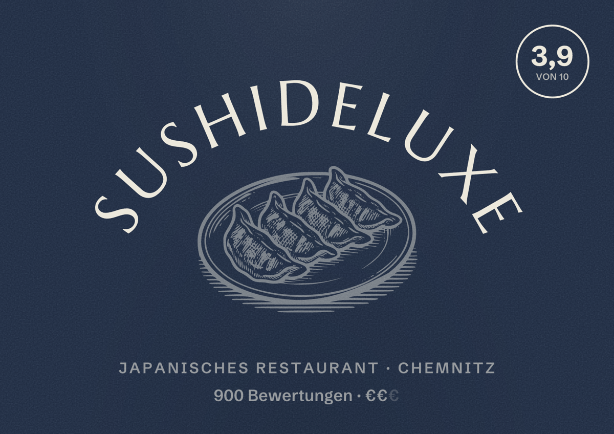 Illustriertes Poster von SUSHIdeluxe, Japanisches Restaurant in Chemnitz: Bewertung 3,9 von 10 aus 900 Bewertungen, Preisniveau €€