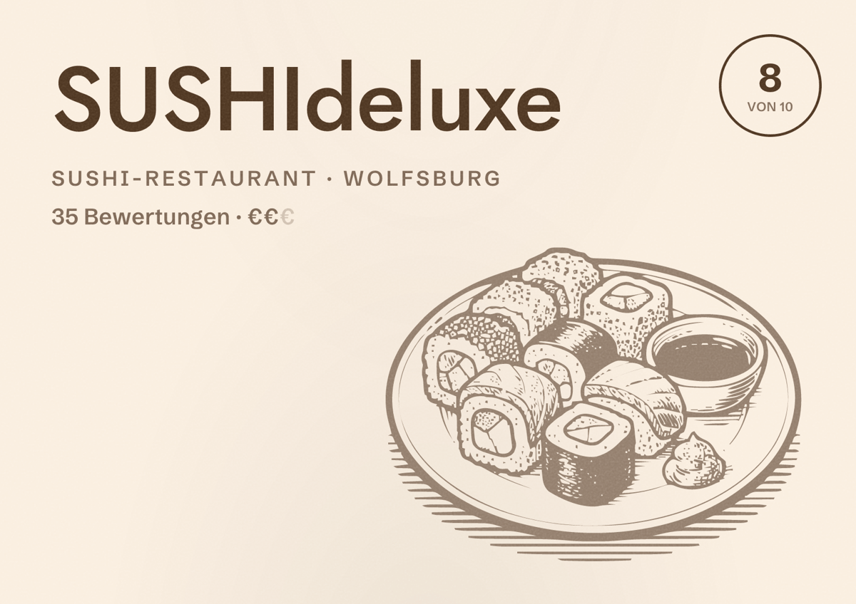 Illustriertes Poster von SUSHIdeluxe, Sushi-Restaurant in Wolfsburg: Bewertung 8 von 10 aus 35 Bewertungen, Preisniveau €€
