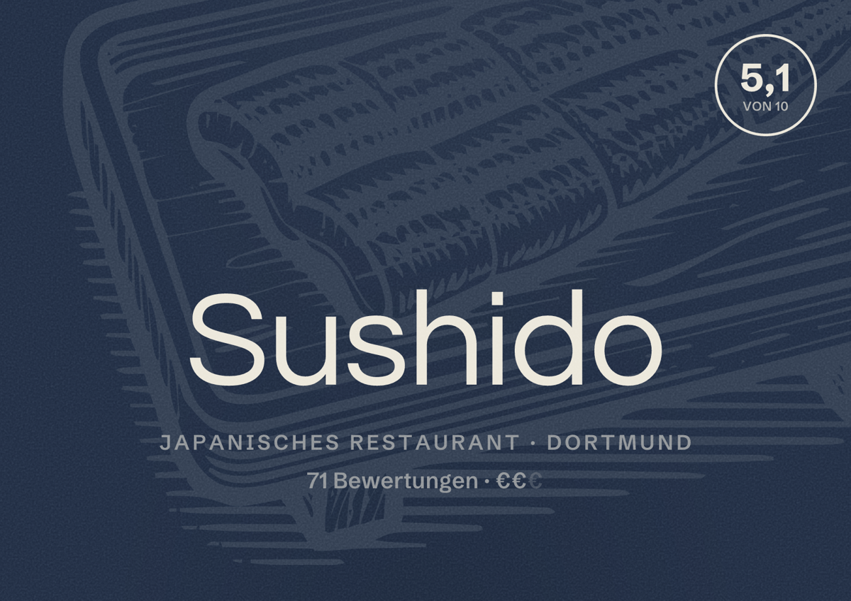 Illustriertes Poster von Sushido, Japanisches Restaurant in Dortmund: Gästebewertung 5,1 von 10 aus 71 Bewertungen