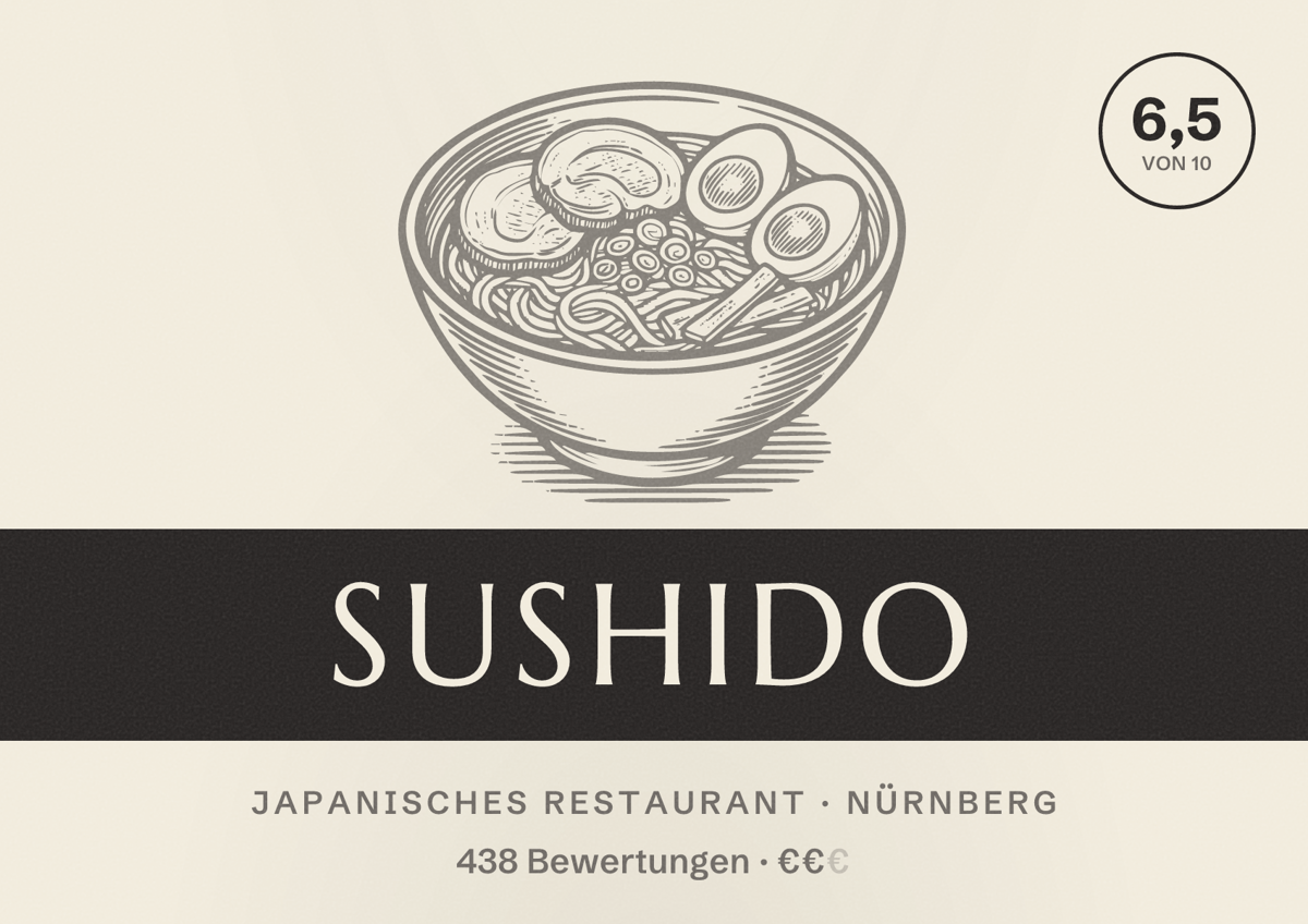 Illustriertes Poster von Sushido, Japanisches Restaurant in Nürnberg: Gästebewertung 6,5 von 10 aus 438 Bewertungen