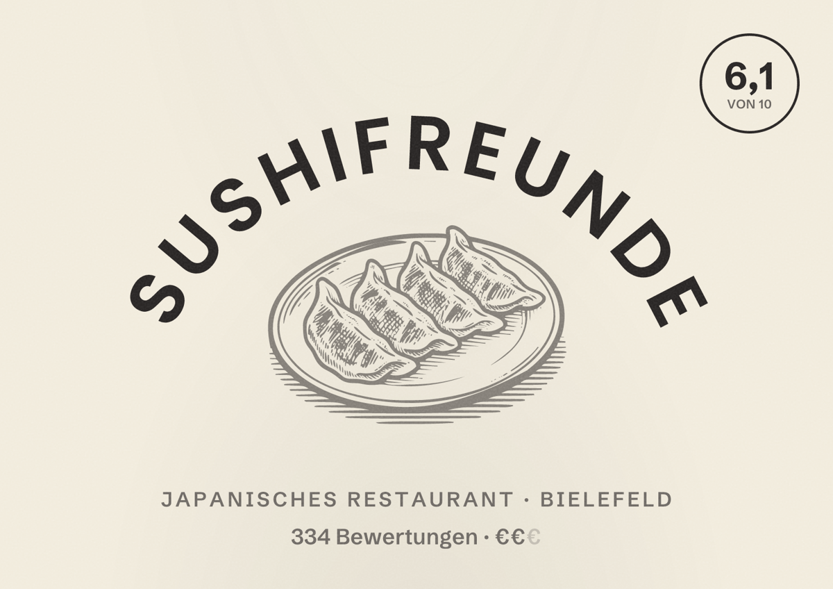 Illustriertes Poster von SUSHIFREUNDE, Japanisches Restaurant in Bielefeld: Bewertung 6,1 von 10 aus 334 Bewertungen, Preisniveau €€