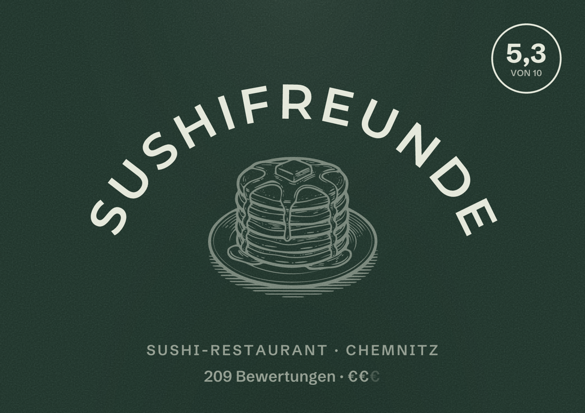 Illustriertes Poster von SUSHIFREUNDE, Sushi-Restaurant in Chemnitz: Bewertung 5,3 von 10 aus 209 Bewertungen, Preisniveau €€