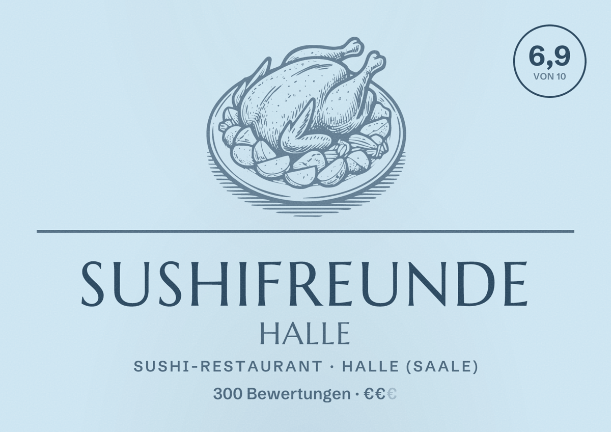 Illustriertes Poster von SUSHIFREUNDE Halle, Sushi-Restaurant in Halle (Saale): Bewertung 6,9 von 10 aus 300 Bewertungen, Preisniveau €€