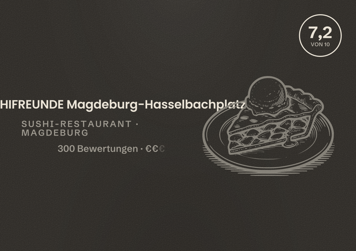 Illustriertes Poster von SUSHIFREUNDE Magdeburg-Hasselbachplatz, Sushi-Restaurant in Magdeburg: Bewertung 7,2 von 10 aus 300 Bewertungen, Preisniveau €€