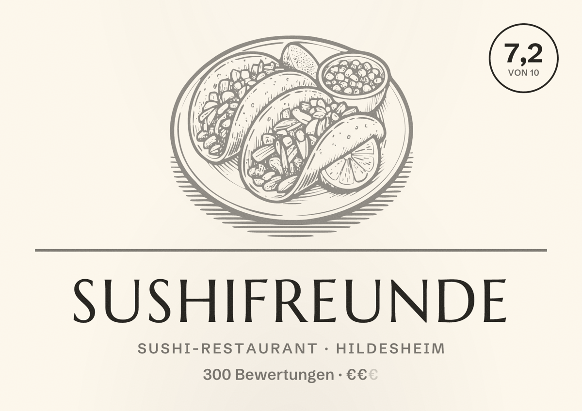 Illustriertes Poster von SUSHIFREUNDE, Sushi-Restaurant in Hildesheim: Bewertung 7,2 von 10 aus 300 Bewertungen, Preisniveau €€