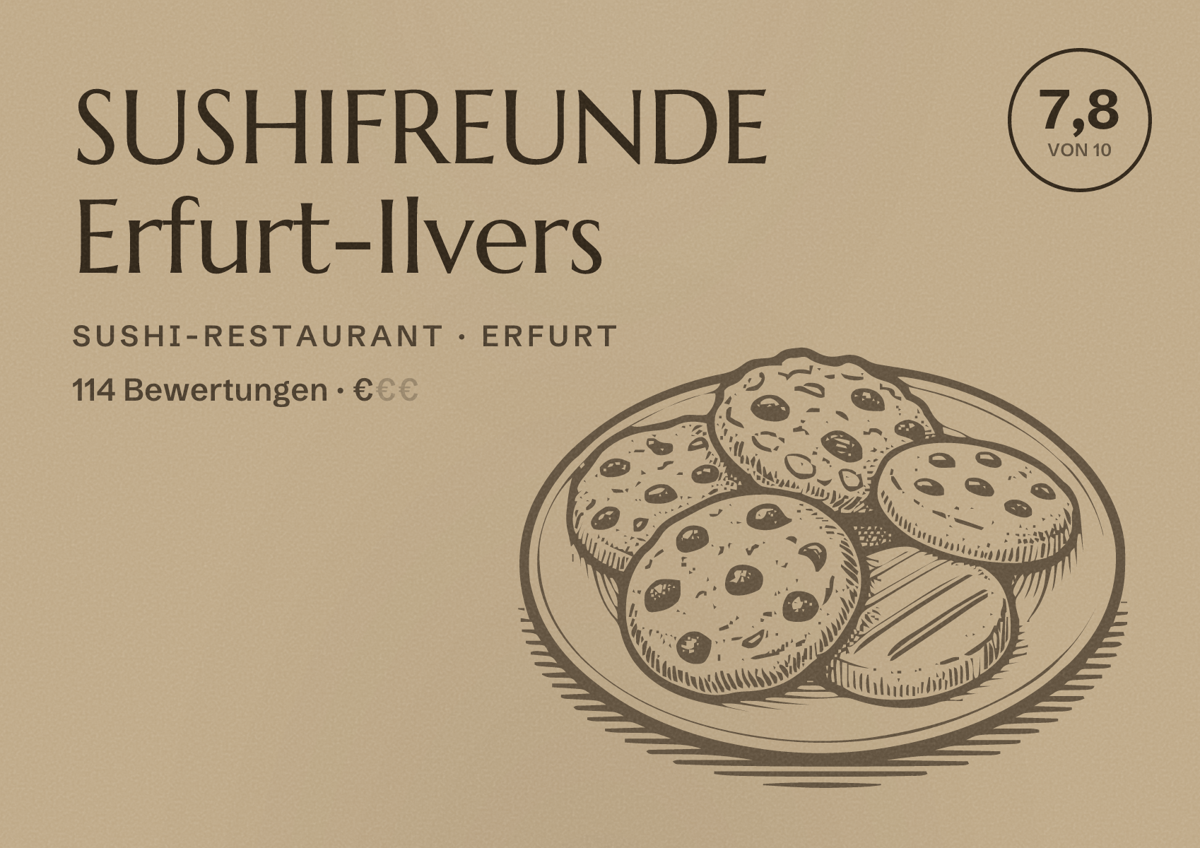 Illustriertes Poster von SUSHIFREUNDE Erfurt-Ilvers, Sushi-Restaurant in Erfurt: Bewertung 7,8 von 10 aus 114 Bewertungen, Preisniveau €