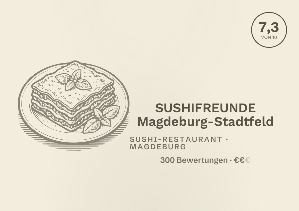 Illustriertes Poster von SUSHIFREUNDE Magdeburg-Stadtfeld, Sushi-Restaurant in Magdeburg: Bewertung 7,3 von 10 aus 300 Bewertungen, Preisniveau €€