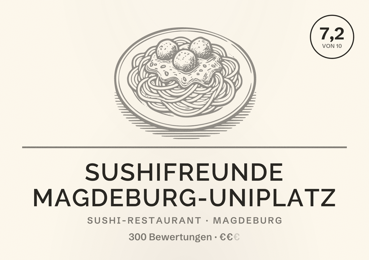 Illustriertes Poster von SUSHIFREUNDE Magdeburg-Uniplatz, Sushi-Restaurant in Magdeburg: Bewertung 7,2 von 10 aus 300 Bewertungen, Preisniveau €€