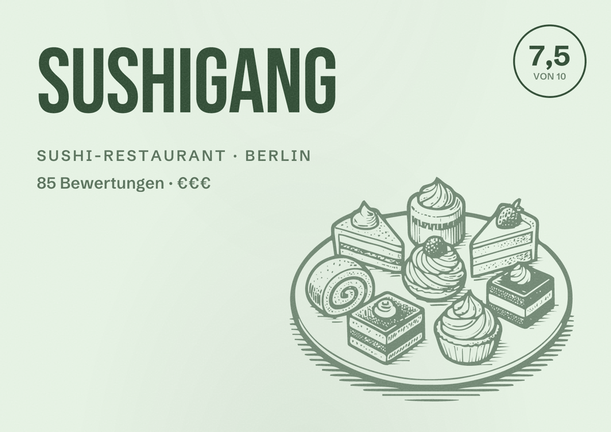 Illustriertes Poster von SushiGang, Sushi-Restaurant in Berlin: Bewertung 7,5 von 10 aus 85 Bewertungen, Preisniveau €€€