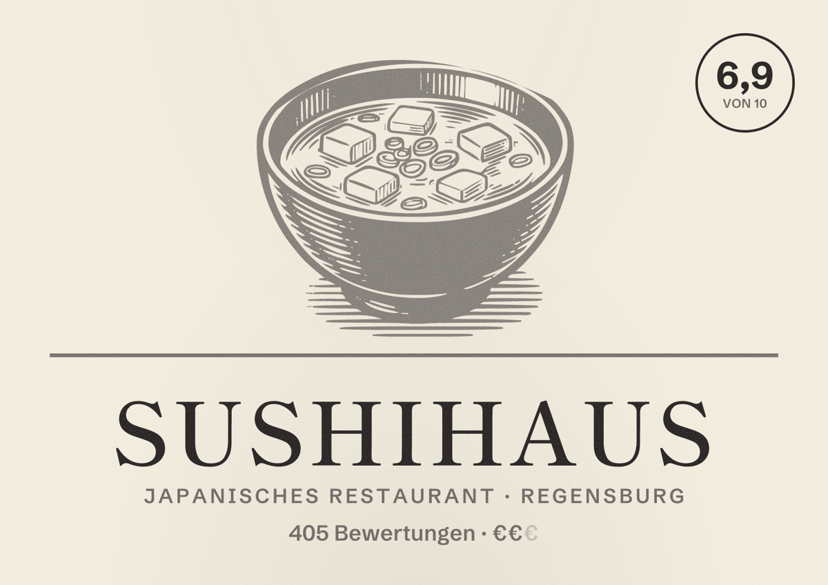 Illustriertes Poster von Sushihaus, Japanisches Restaurant in Regensburg: Bewertung 6,9 von 10 aus 405 Bewertungen, Preisniveau €€