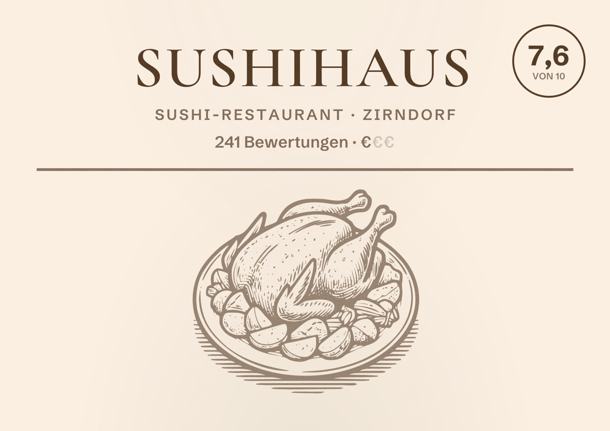 Illustriertes Poster von Sushihaus, Sushi-Restaurant in Zirndorf: Bewertung 7,6 von 10 aus 241 Bewertungen, Preisniveau €