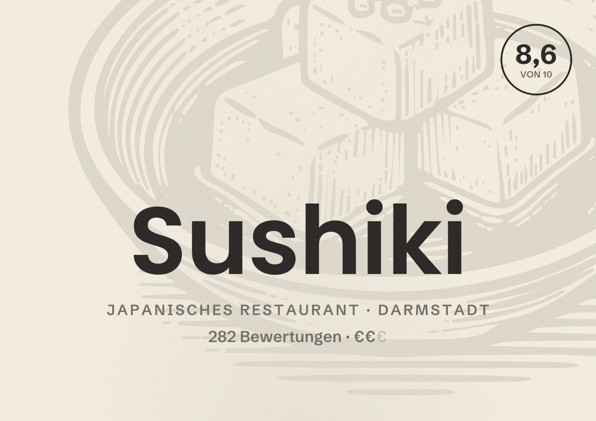 Illustriertes Poster von Sushiki, Japanisches Restaurant in Darmstadt: Bewertung 8,6 von 10 aus 282 Bewertungen, Preisniveau €€
