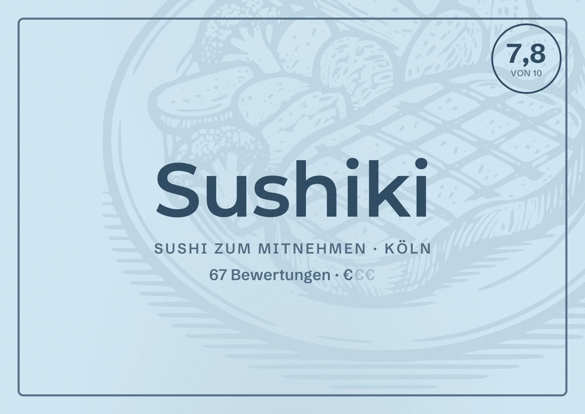 Illustriertes Poster von Sushiki, Sushi zum Mitnehmen in Köln: Bewertung 7,8 von 10 aus 67 Bewertungen, Preisniveau €
