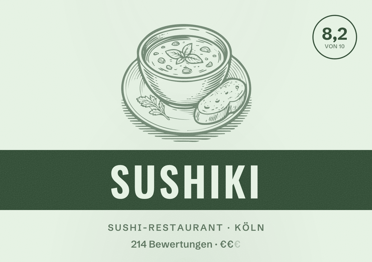Illustriertes Poster von Sushiki, Sushi-Restaurant in Köln: Bewertung 8,2 von 10 aus 214 Bewertungen, Preisniveau €€