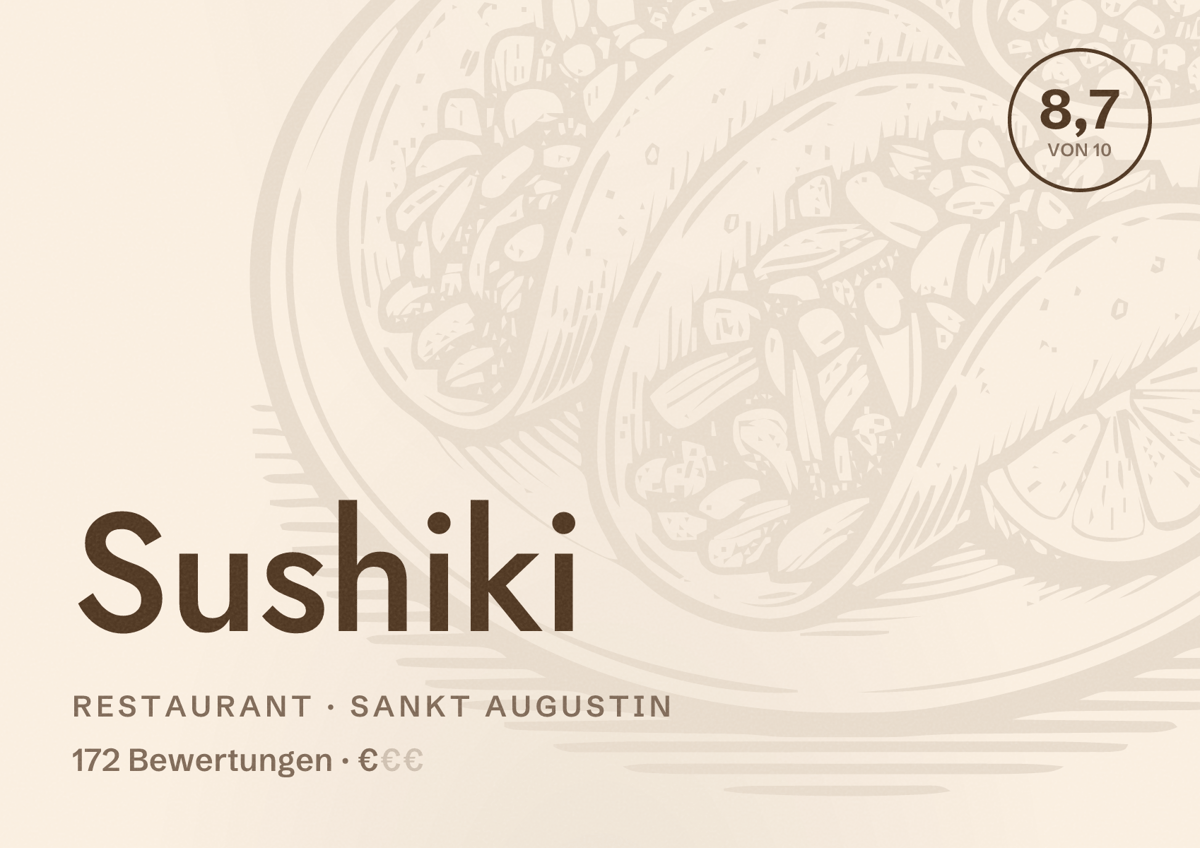 Illustriertes Poster von Sushiki, Restaurant in Sankt Augustin: Bewertung 8,7 von 10 aus 172 Bewertungen, Preisniveau €