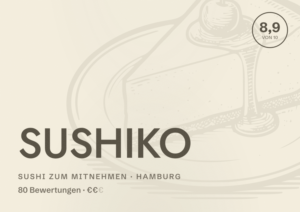 Illustriertes Poster von SUSHIKO, Sushi zum Mitnehmen in Hamburg: Bewertung 8,9 von 10 aus 80 Bewertungen, Preisniveau €€