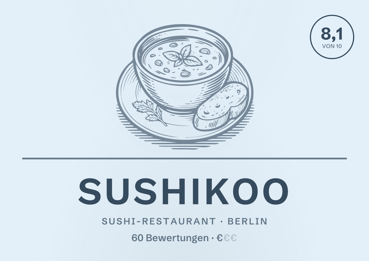 Illustriertes Poster von sushikoo, Sushi-Restaurant in Berlin: Bewertung 8,1 von 10 aus 60 Bewertungen, Preisniveau €