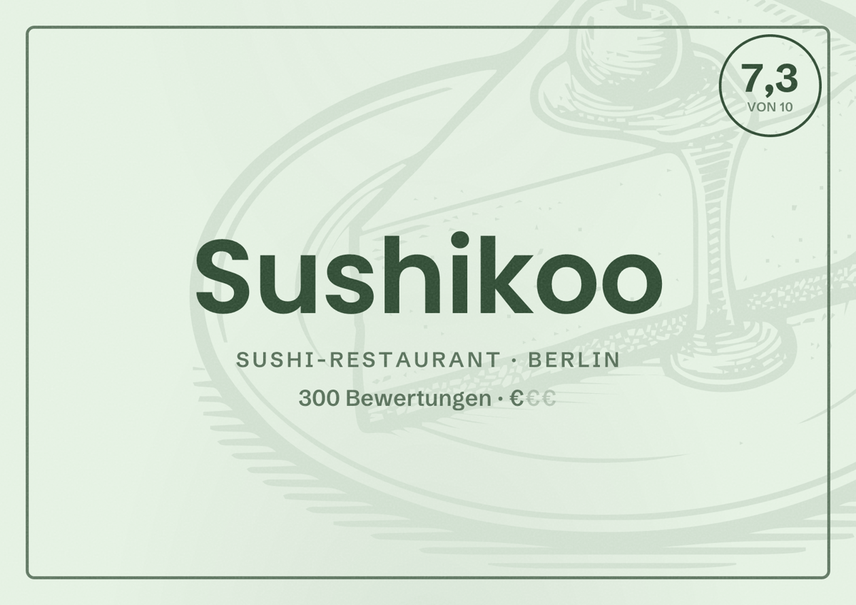 Illustriertes Poster von Sushikoo, Sushi-Restaurant in Berlin: Bewertung 7,3 von 10 aus 300 Bewertungen, Preisniveau €