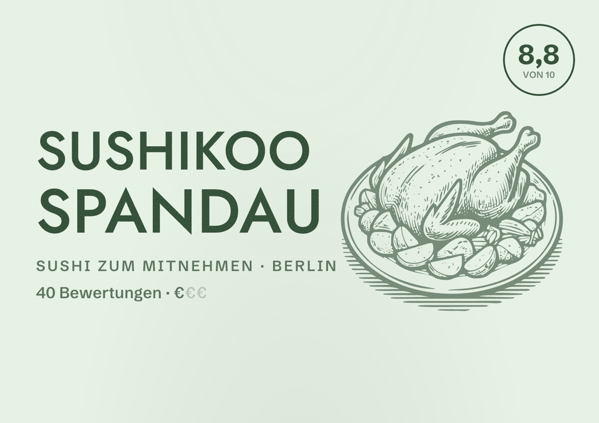 Illustriertes Poster von Sushikoo Spandau, Sushi zum Mitnehmen in Berlin: Bewertung 8,8 von 10 aus 40 Bewertungen, Preisniveau €