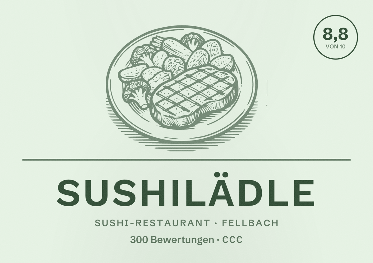 Illustriertes Poster von Sushilädle, Sushi-Restaurant in Fellbach: Bewertung 8,8 von 10 aus 300 Bewertungen, Preisniveau €€€