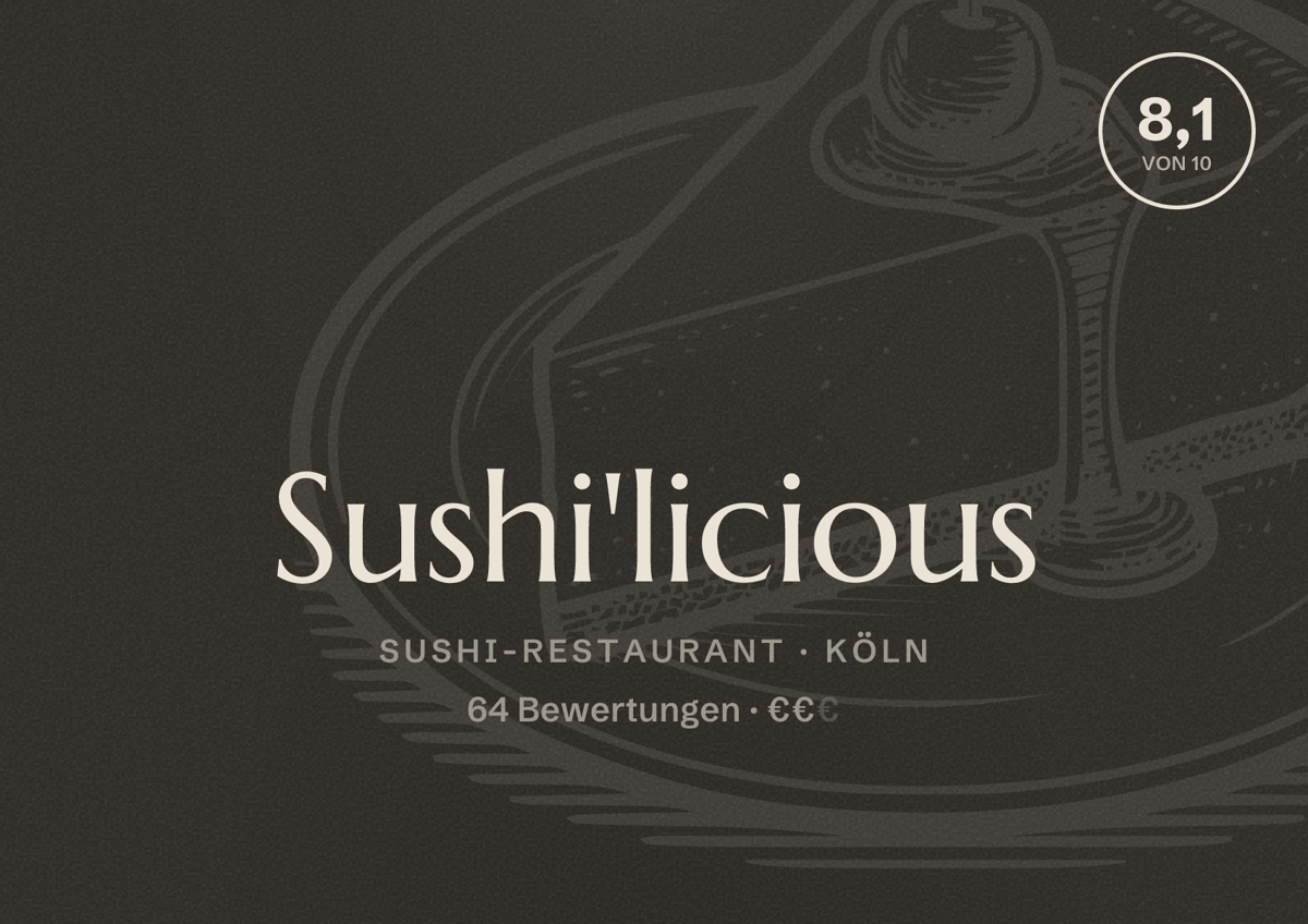 Illustriertes Poster von Sushi'licious, Sushi-Restaurant in Köln: Bewertung 8,1 von 10 aus 64 Bewertungen, Preisniveau €€