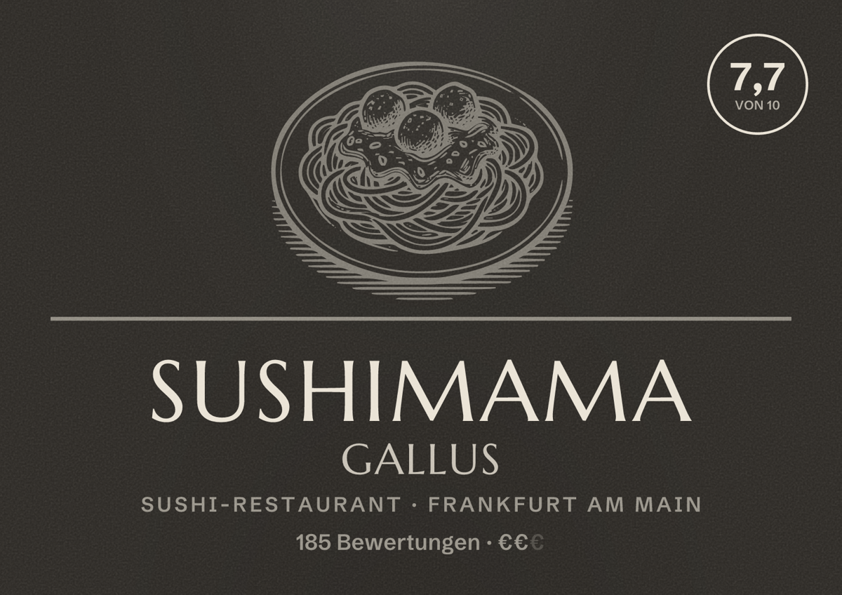 Illustriertes Poster von SUSHIMAMA Gallus, Sushi-Restaurant in Frankfurt am Main: Bewertung 7,7 von 10 aus 185 Bewertungen, Preisniveau €€