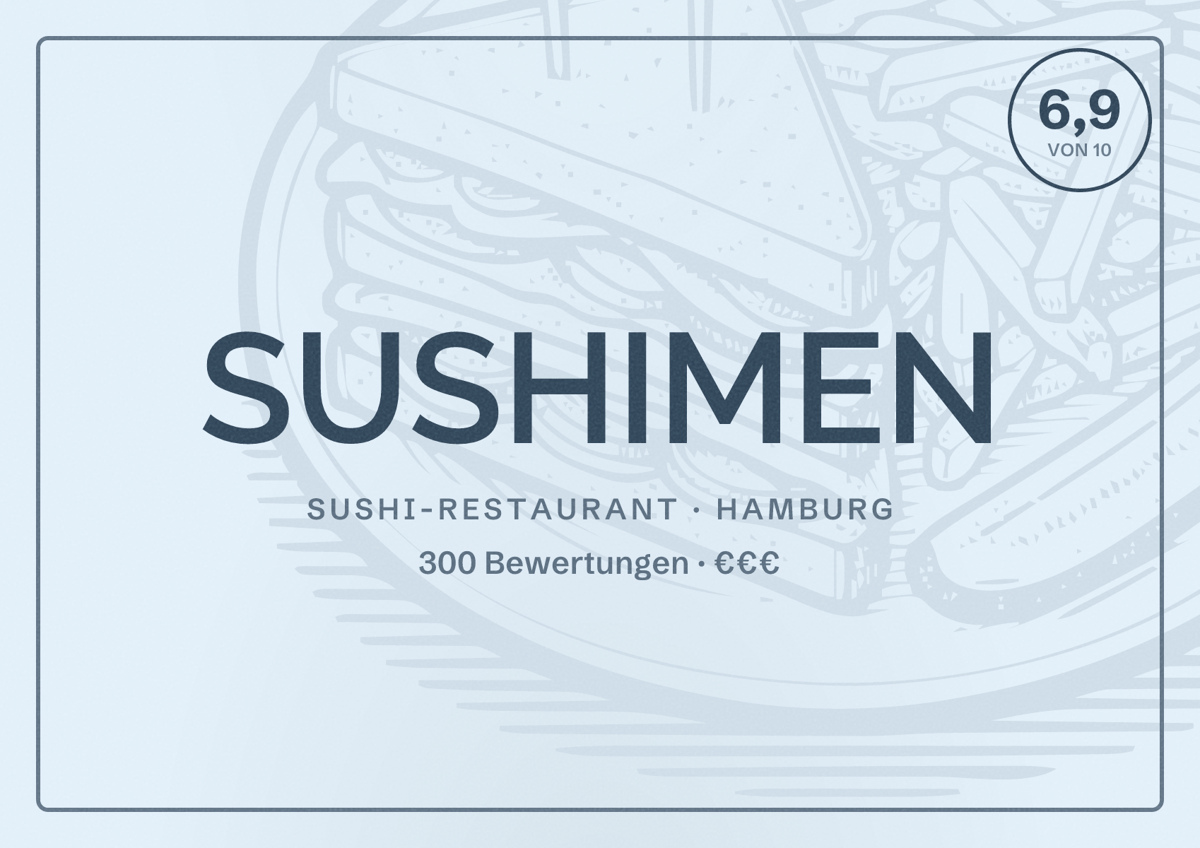 Illustriertes Poster von SUSHIMEN, Sushi-Restaurant in Hamburg: Bewertung 6,9 von 10 aus 300 Bewertungen, Preisniveau €€€
