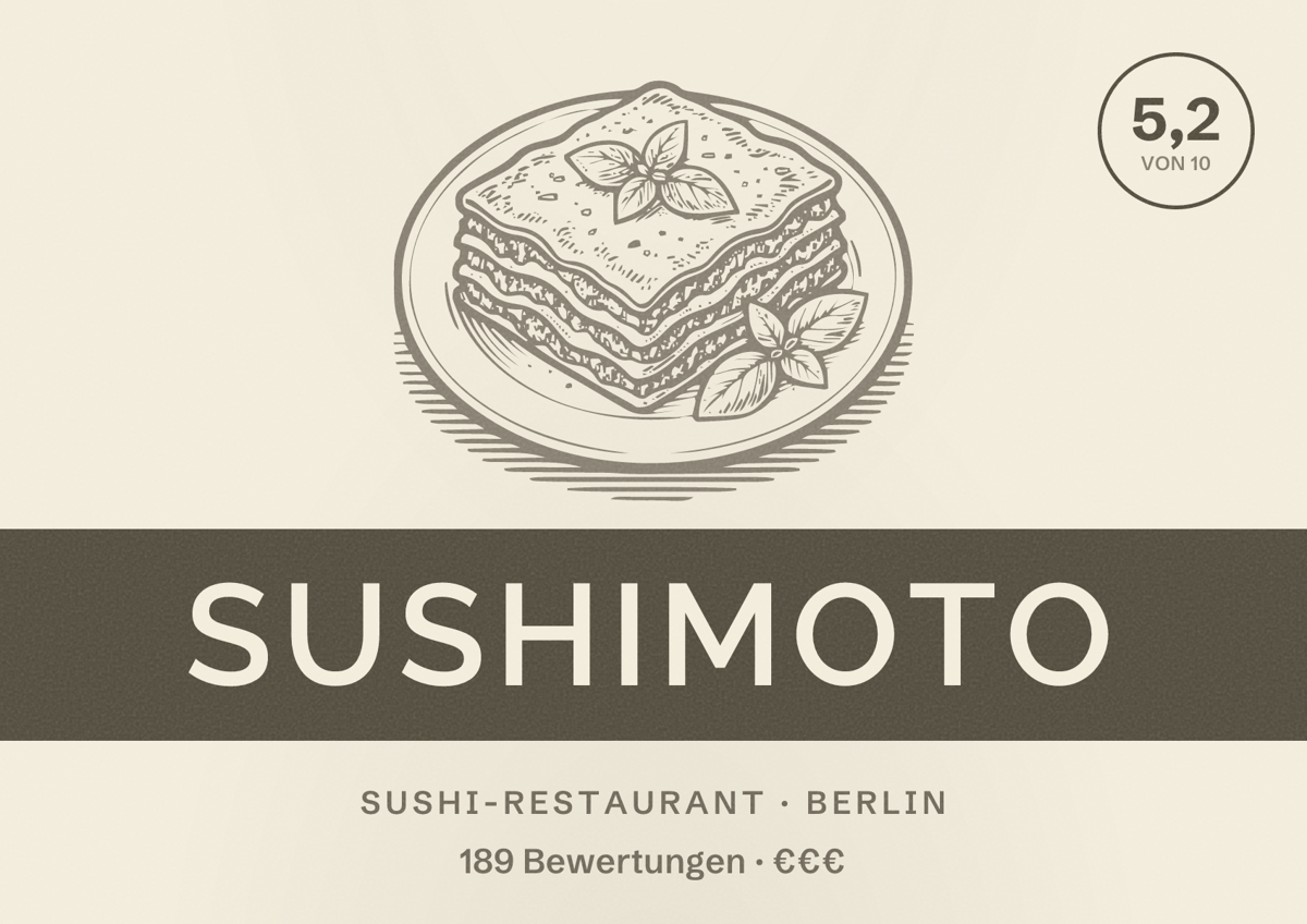 Illustriertes Poster von SushiMoto, Sushi-Restaurant in Berlin: Bewertung 5,2 von 10 aus 189 Bewertungen, Preisniveau €€€